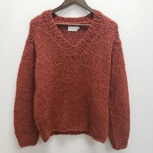 Saralam Womens Wool Alpaca Blend Sweater Size S Burnt Orange V Neck Chunky Knit